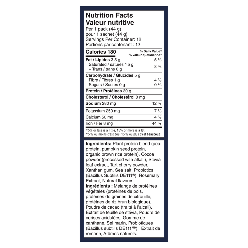 Nutrition facts label for a product with detailed information on calories, nutrients, and ingredients.