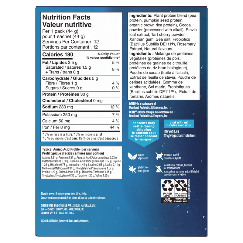 Nutrition facts label and ingredients list on a blue background