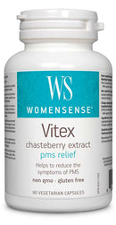 Front view of WomenSense Vitex Chasteberry Extract bottle showing product label with 90 vegetarian capsules.