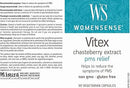 Close-up of WomenSense Vitex Chasteberry Extract supplement bottle highlighting hormone support details.