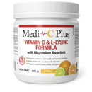 A container of Medi-C Plus Vitamin C & L-Lysine Formula with Magnesium Ascorbate in citrus flavor. The label shows the product name, the health benefits, and a picture of a lime.