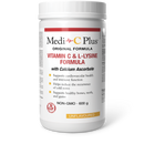 Unflavoured Medi-C Plus supplement powder jar featuring Vitamin C, L-Lysine, and Calcium Ascorbate, 600 grams.