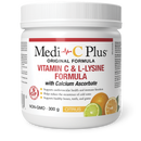 A container ofPreferred Nutrition Medi-C Plus Vitamin C & L-Lysine Formula with Calcium Ascorbate in citrus flavor. The label is white with red and green text, and images of a lemon and orange.