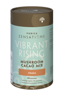 A container of Purica Zensations Vibrant Rising Mushroom Cacao Drink Mix with Chaga. The packaging is predominantly brown and beige with text and branding.