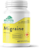 Provita Migraine Complex bottle featuring 60 vegan capsules designed to reduce migraine frequency and severity.