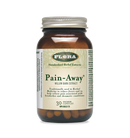 A bottle of Flora Pain-Away 55 mg capsules with 30 VCaps. The label is green and white with the product name and details about the herbal extract.