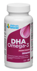 Bottle of Platinum Prenatal DHA Omega-3 Prenatal supplement containing 30 softgels, designed to support brain, eye, and heart development during pregnancy, with clean, high-quality omega-3 sourced from fish oil.