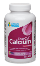 A bottle of Platinum Naturals EasyCal Calcium Prenatal softgels with 120 capsules.