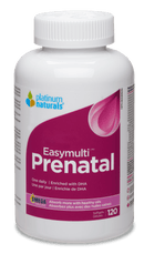 A bottle of Platinum Naturals EasyMulti Prenatal multivitamin softgels with 120 capsules.