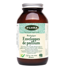 A bottle of Flora Organic Psyllium Husks in a clear container with a green and white label, indicating it is a nutritional supplement.