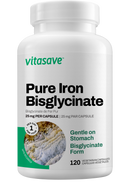 A bottle of Vitasave Pure Iron Bisglycinate 25 mg with the label showing the product name and the statement 'Gentle on Stomach'. There is also a 'Made in Canada' badge displayed.