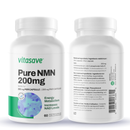 Supplement facts panel – photograph of the back of the Vitasave Pure NMN bottle, clearly showing dosage information, ingredients, nutrition details, and serving size per capsule.