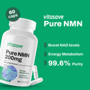 Bottle with scattered capsules – bottle of Vitasave Pure NMN tipped on its side on a neutral surface, with several white-cream vegetarian capsules spilled out beside it.