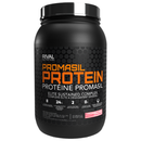 A container of Rival Nutrition Promasil Protein Powder in Strawberry flavor. The container is black with orange and white text and design elements.