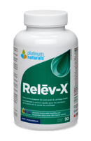 Platinum Naturals Relev-X bottle containing 90 softgels, a natural supplement designed to support joint health and reduce inflammation.