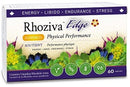 Packaging for Rhoziva Edge supplement, showing 60 capsules and highlighting benefits such as energy, libido, endurance, and stress relief.