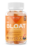 A bottle of Suku Vitamins DeBloat gummies with the label showing the product name and the number of gummies. The background is white.