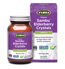 Front view of Flora Organic Elderberry Crystals Cold & Flu (50 g) jar featuring purple label design with elderberry imagery and organic certification.