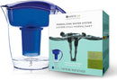 Santevia Mineralized Alkaline Water Pitcher in blue color alongside its packaging box.