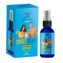 Product packaging and spray bottle for Stop Sugar Crave Sweet Escape Spray, featuring a blue color scheme with images of a man and a woman on the packaging.