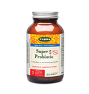 A bottle of Flora Super 5 Probiotic chewable lozenges in raspberry flavor with 60 lozenges.