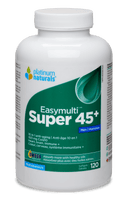 A bottle of Platinum EasyMulti Super 45+ Men's multivitamin softgels containing 120 capsules.