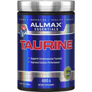 A container of ALLMAX Essentials Taurine, with a blue and red label, indicating the product is a dietary supplement, specifically 400g of taurine powder.
