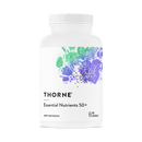 A bottle of Thorne Research Essential Nutrients 50+ capsules with a white label and a splash of color graphic design.