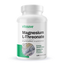 Front view of Vitasave Magnesium L-Threonate 48mg bottle containing 120 vegetable capsules, featuring clean, white packaging with green and blue accents.