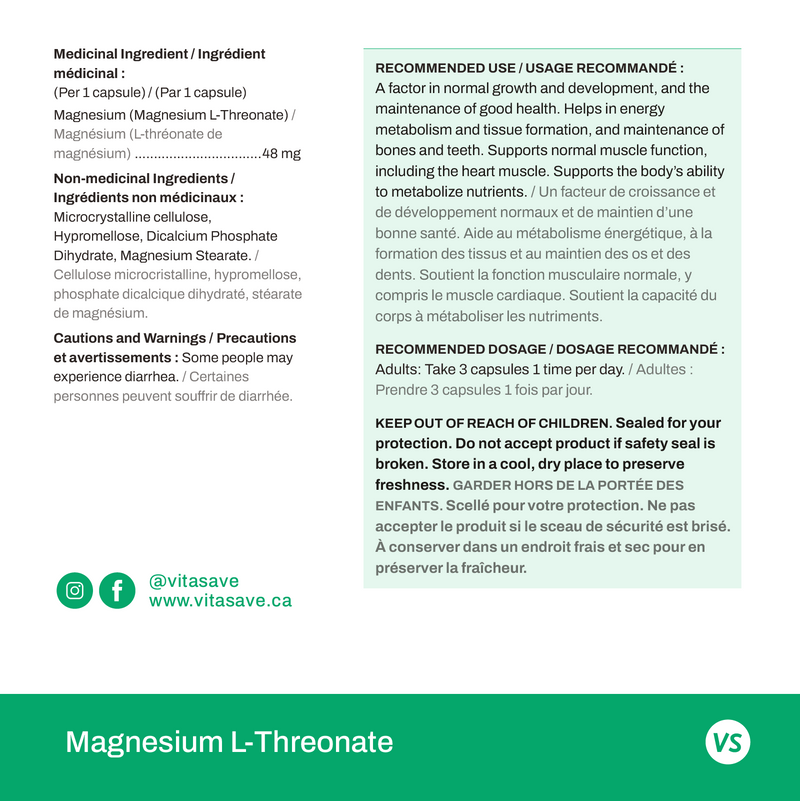 Vitasave Magnesium L-Threonate 48mg (120 vegetable capsules)