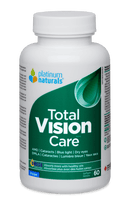 A bottle of Platinum Naturals Total Vision Care softgels with 60 capsules, predominantly white and green in color with text detailing the product name and benefits for eye health.