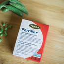 Flora Ferritin+ supplement bottle with 30 vegan capsules designed to boost iron absorption.