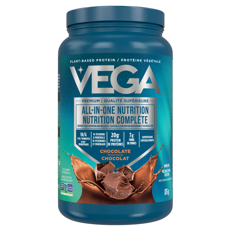 A container of Vega All-in-One Nutrition Shake in chocolate flavor, highlighting its plant-based protein and nutritional benefits.