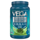 Close-up of Vega All in One container label highlighting nutritional benefits like 20g protein, greens, and vitamins.