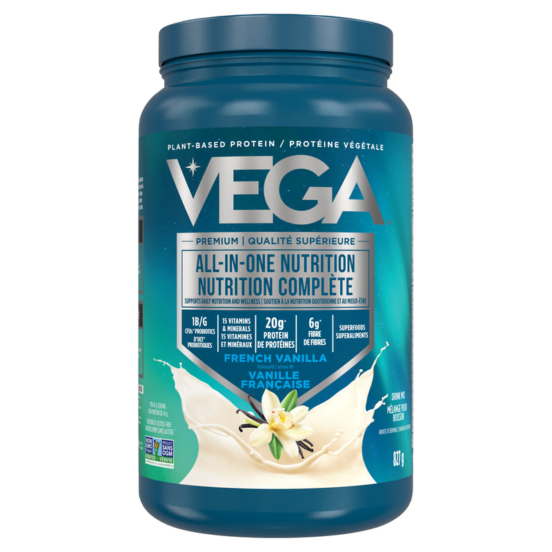 Eco-friendly packaging of Vega All-In-One French Vanilla shake promoting plant-based nutrition