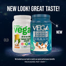 Comparison of old and new Vega protein supplement containers on a dark space-themed background.