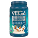 Vega protein powder container with blue lid and label on a white background