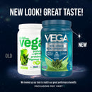 Two Vega protein containers, one old and one new, on a space-themed background with text about taste and packaging.