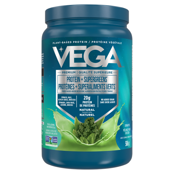 Blue container of Vega protein powder with green leaf design on a white background