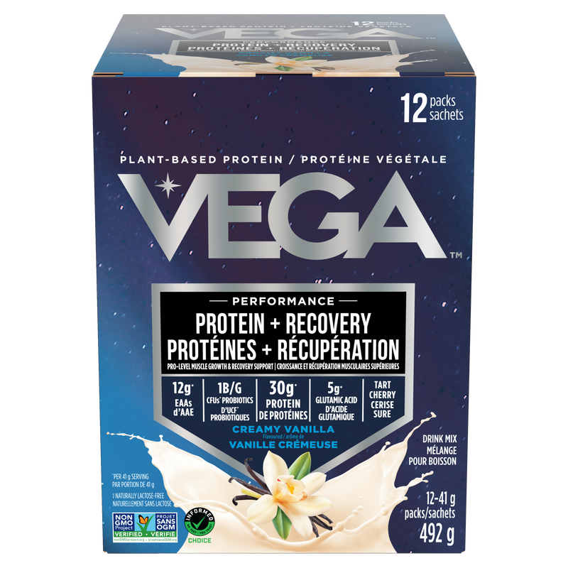 Plant-based Vega Sport Protein powder in Vanilla, packed with 30g protein.