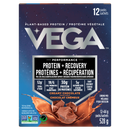 Vega protein recovery mix packaging with chocolate flavor details on a blue background