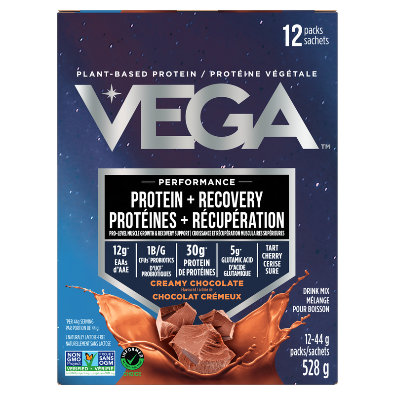 Vega protein recovery mix packaging with chocolate flavor details on a blue background
