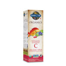 A 58 ml amber glass bottle labeled ‘Garden of Life Organics Vitamin C Spray Cherry Tangerine,’ with a black pump top and bright red-orange cherry‑tangerine fruit graphics.