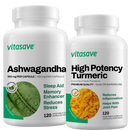 Vitasave Herbal Bundle featuring Turmeric and Ashwagandha supplements, promoting natural wellness and stress relief with high-quality herbal ingredients.