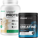 Two containers of Vitasave supplements, one labeled 'Vegan Protein' in vanilla flavor and the other 'Creatine', both are meant for athletic performance and recovery.
