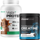 Two containers of Vitasave supplements, one labeled 'Vegan Protein' in white with a chocolate splash, and the other 'Creatine' in blue and black.
