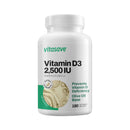 A bottle of Vitasave Vitamin D3 2500 IU supplements with a white label and green accents, indicating the brand and product details.