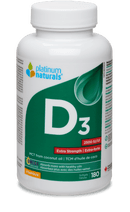 A bottle of Platinum Vitamin D3 2500 IU Extra Strength Softgels with a white and green label.