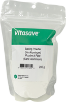 A package of Vitasave Aluminum Free Baking Powder, 200 g, with product information and branding visible.