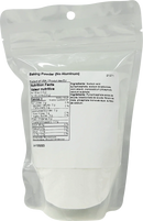 Bag of baking powder with nutritional information label on a white background